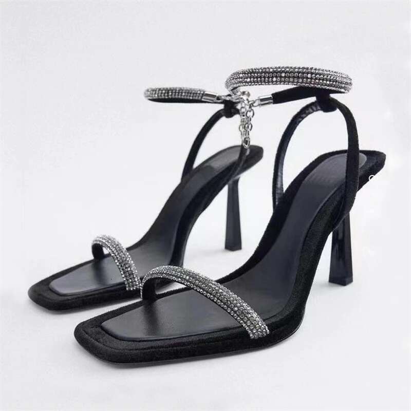 Shiny Crystal Aneikeh2025 Decoration Thin High Heels Women's ck Square Head Open Toe Buckle Strap Sandals Party Dress atos