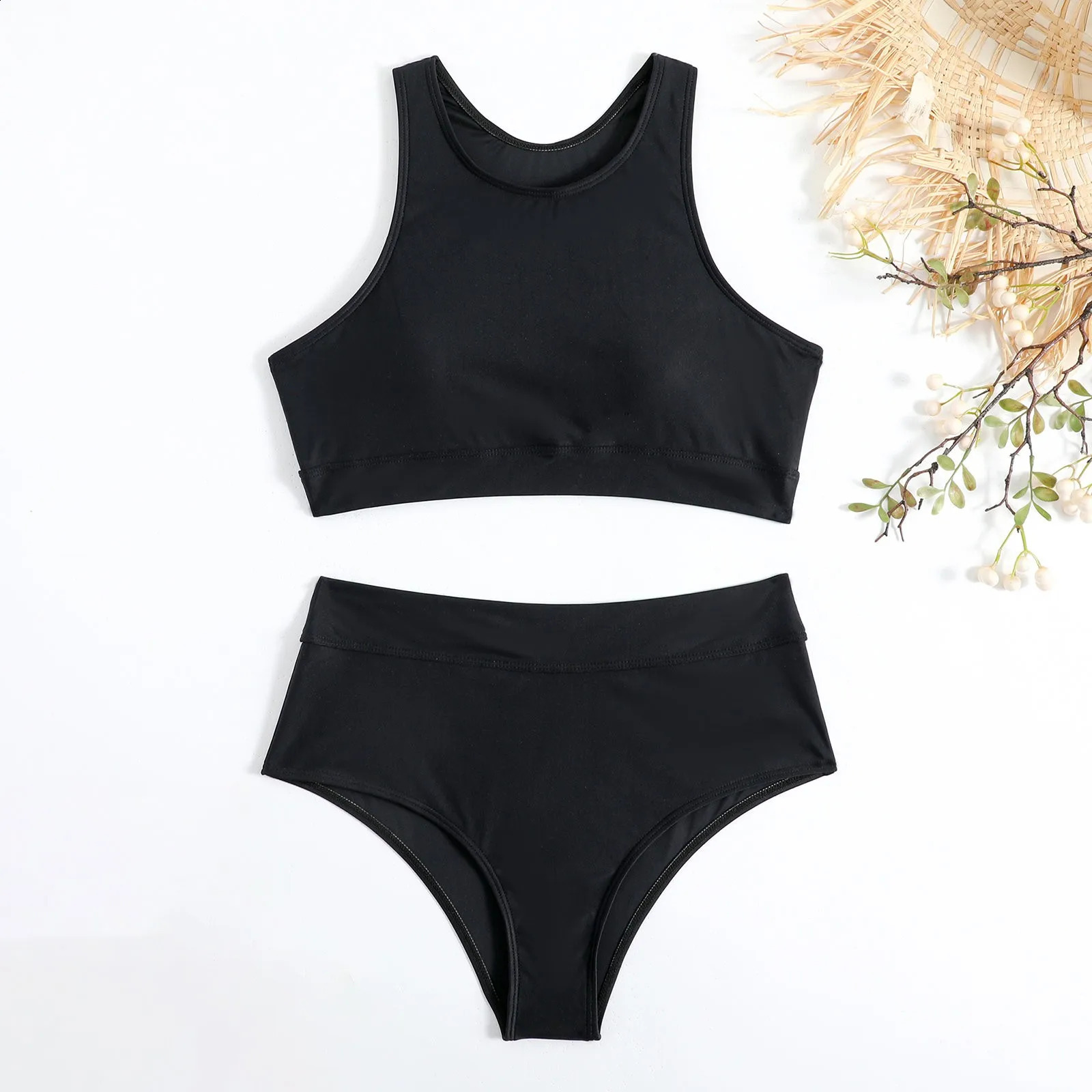 Womens Solid Color Tank Top Swimsuit Ladies Split High Waist TwoPiece Set Bathing Suit Bikinis Feminine 250227