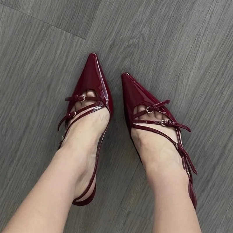 2024 Summer New High H Wens Sexy Hollow Black Silk Pointed One-line Buckle Skinny Heel Sandals Wens Shoes Z250326