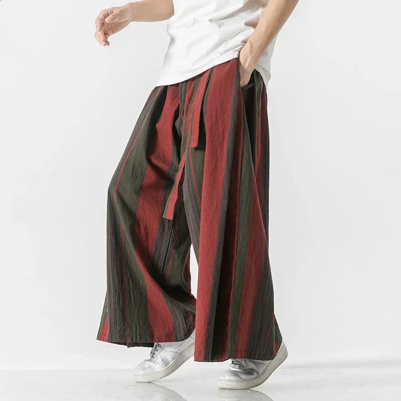 Pants Men Striped Wide Leg Cotton Linen Wide-Leg Pants Men Retro Chinese Style Male Casual s Nepal Robe Joggers Trousers 250228