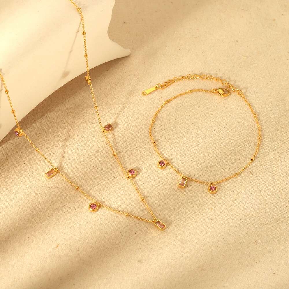 Waterproof Gold Plated Stainless Steel Glass Stone Charms Necklace Bracelet Set for Women Fashion Jewelry Gift
