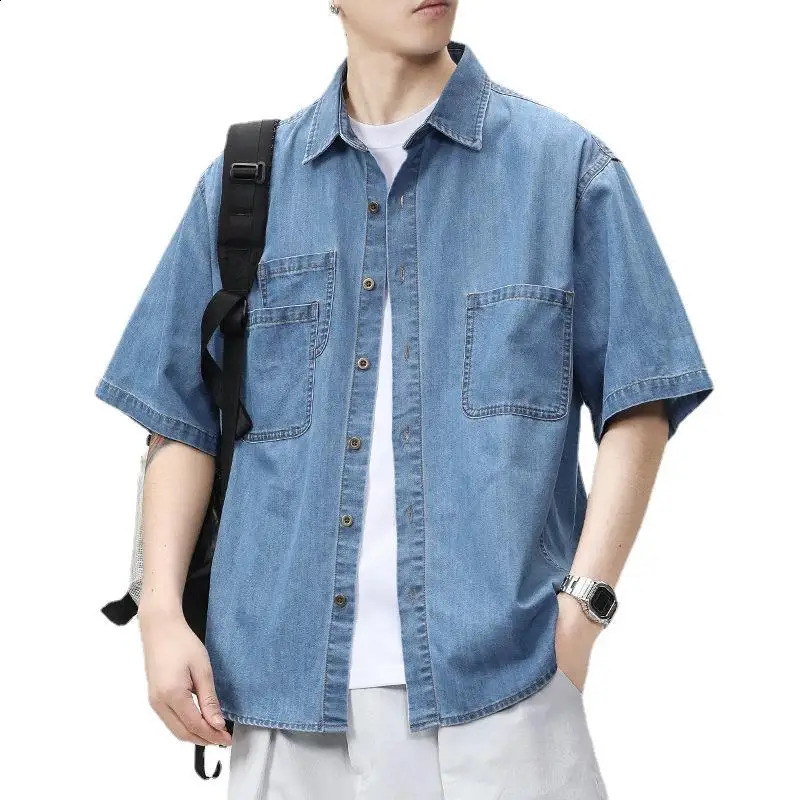 GIOIODenim shirt for men2025Spring Summer Loose MultiPocket Cargo Denim Casual Shirt 250226