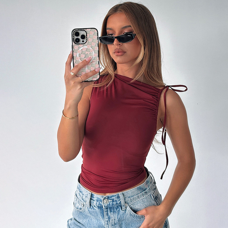 Women's New Winter New Product Fashion Personality Slant Collar Drawstring Strap Sleeveless Wrinkle Exposed Umbilical Top