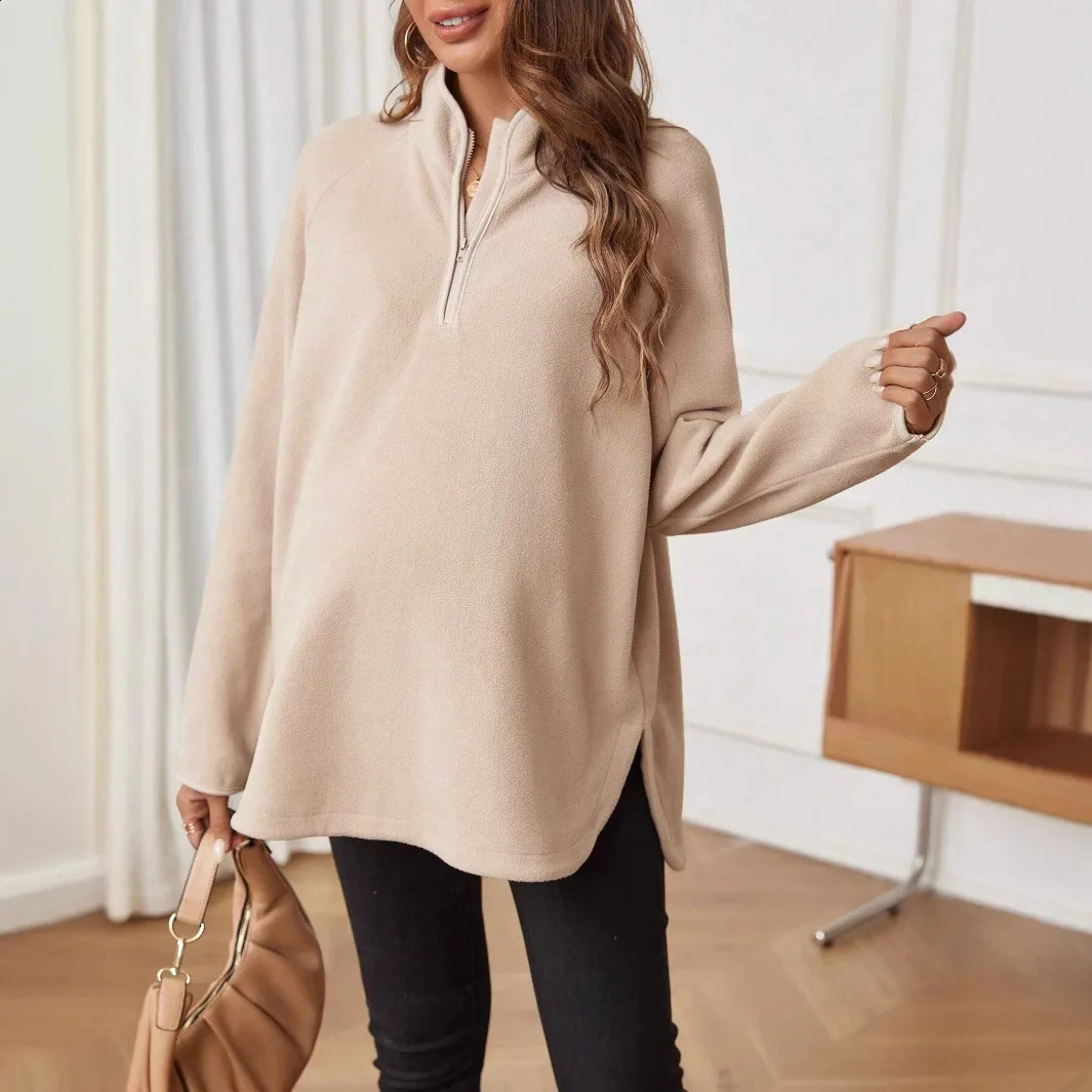 Pregnant womens clothing T-shirt for autumn and winter fashionable plain weave zipper loose long sleeved T-shirt for pregnant women 250228
