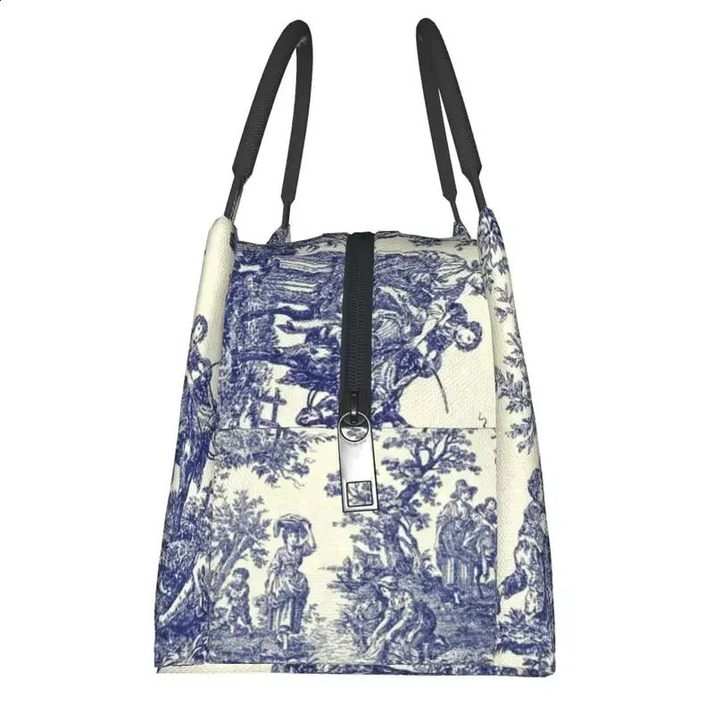 Toile De Jouy Blue Portable Lunch Box French Navy Blue Thermal Cooler Food Insulated Lunch Bag Hospital Office Pinic Container 250228
