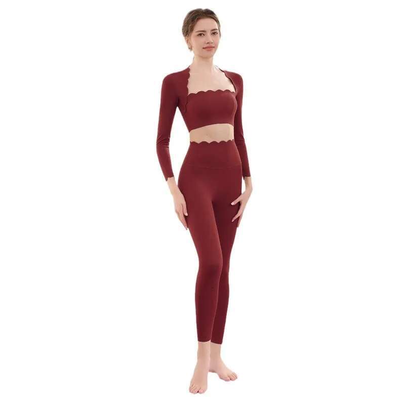 Women's Elasticity Shock-Absorbing Sports Lace Long Sleeved T-Shirt Top Set, High Waist And Hip Lifting Fiess Suit Set
