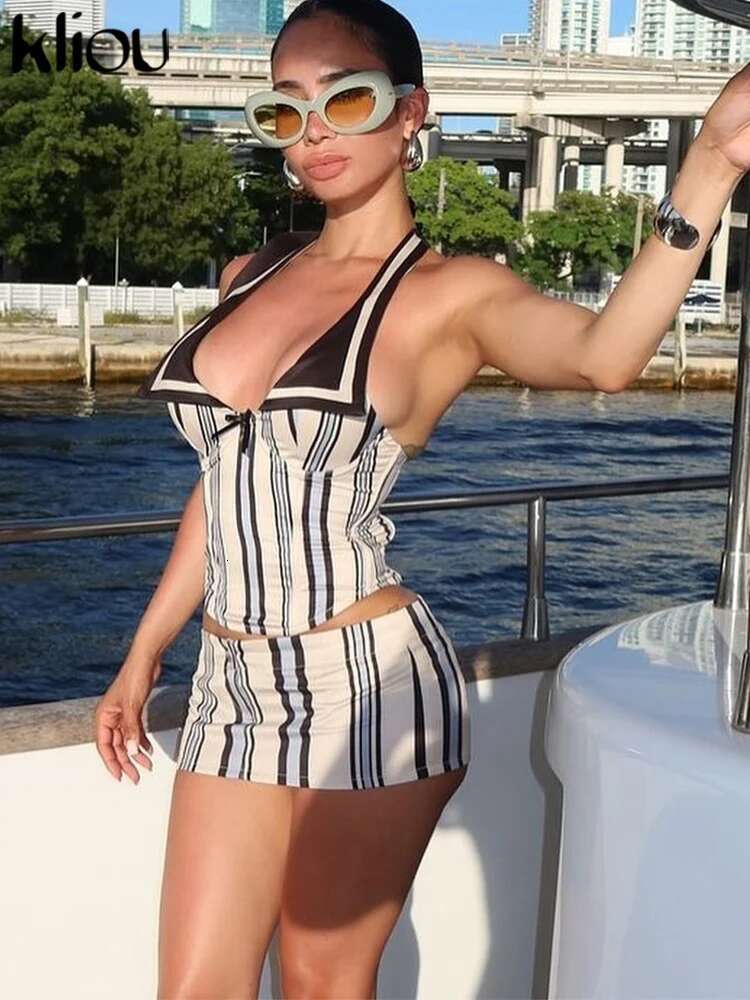 Kliou Stripe Print Matching 2 Piece Set Women Summer Fashion Halter Lapel Low Neck Slim Tanks+Mini Skirts Female Street Clubwear