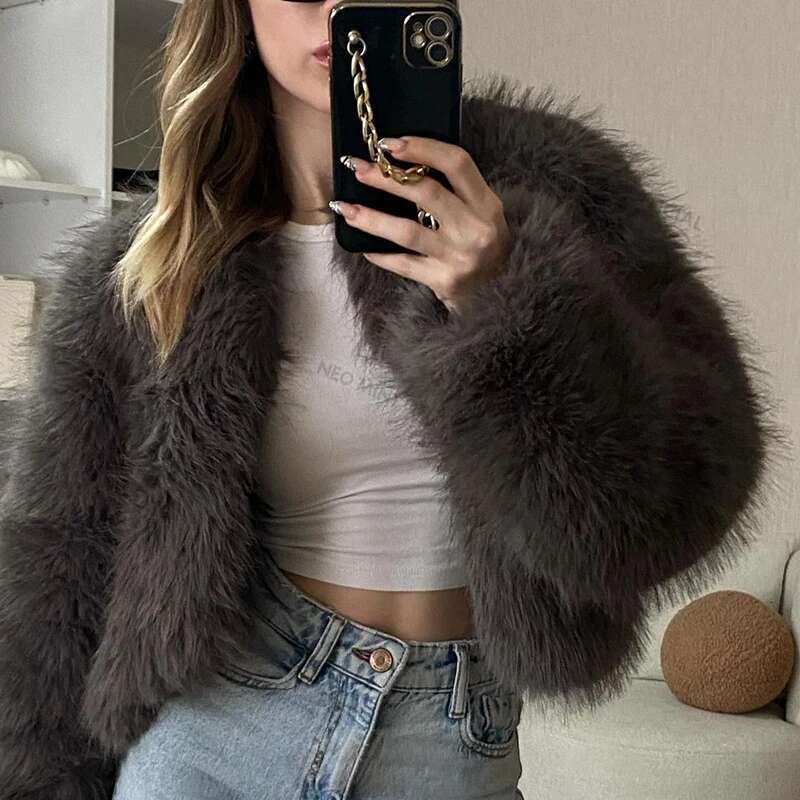Neo Mint Street Fashion Girls Gray Fluffy Short Faux Fox Jacket Women Winter 2024 Hot Brand Thick Warm Eco Fur Coat Female