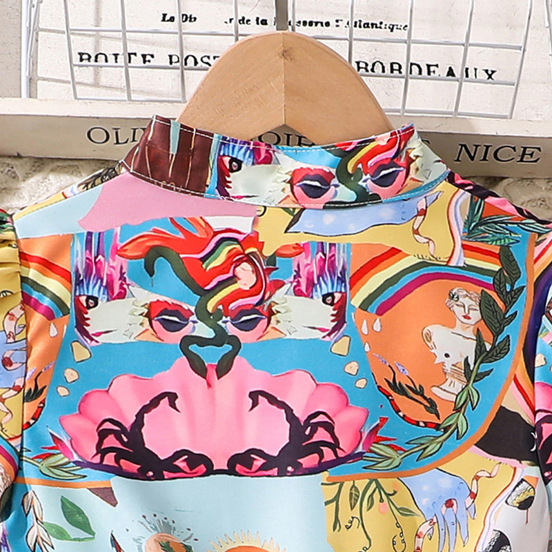 Graphic Dress For Tween Girls 8-12 Years Allover V-Neck Puff-Sleeve Shirt Dress Trendy Preteen Kids Summer Casual Clothes D256