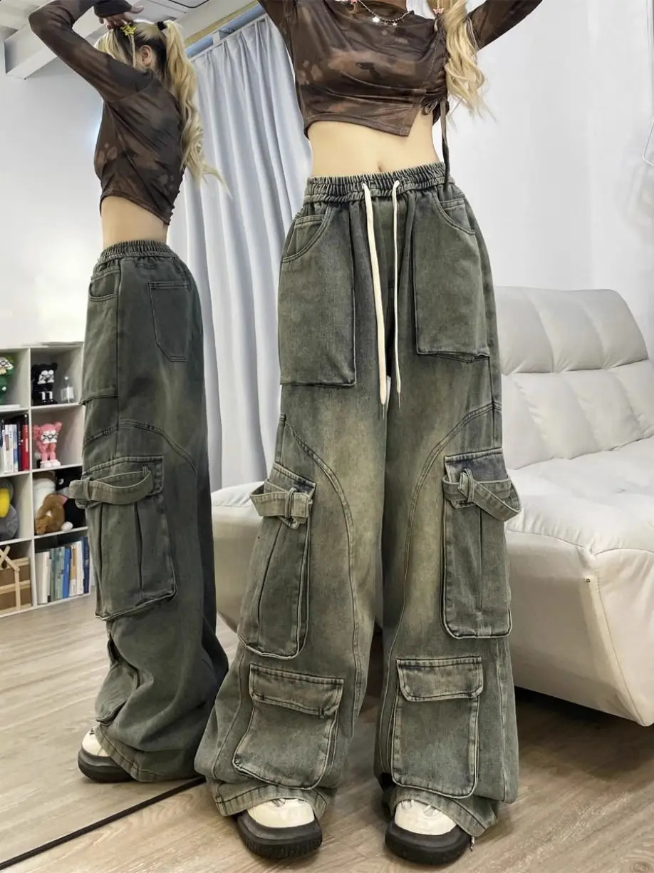 American hip-hop street men and women trendy personality straight leg multi pocket jeans loose vintage casual pants y2k 250224