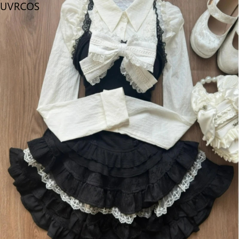 Y2k Aesthetic Lolita Style 3 Piece Set Women Kawaii White Shirt Bow Lace Vest Ruffle Mini Skirts Japan Fashion Gothic Skirt Suit 250225