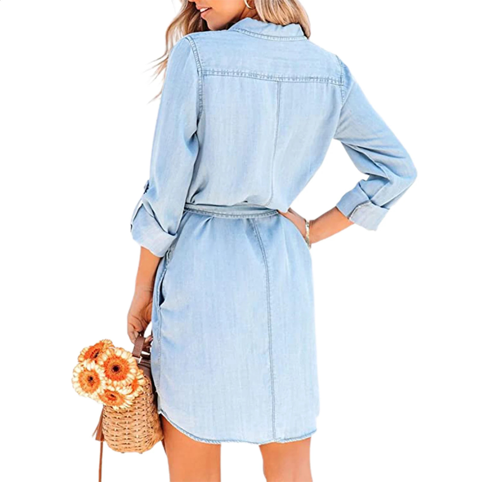 Fashion Women Casual Denim Dress Solid Color Long Sleeve ButtonDown Lapel Short with Belt Shirts 250227Z