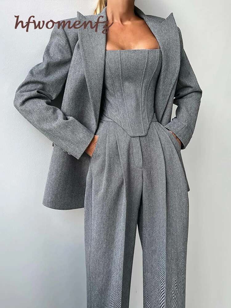 Designer Fashion Loose Pants Sets For Women 3 Pieces Elegant Long Sleeve Belt Blazer Tank Top With High Waist Wide Trousers Lady Suits