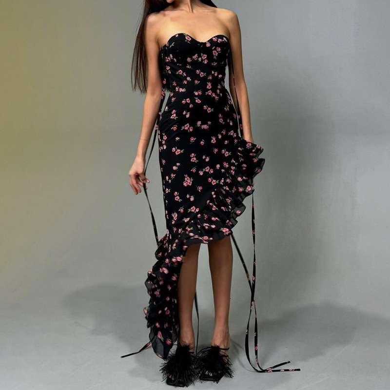 Hot Selling Women's Clothing New4 Summer New Product Fashionable Printed Sexy Mesh Lace Up Dress