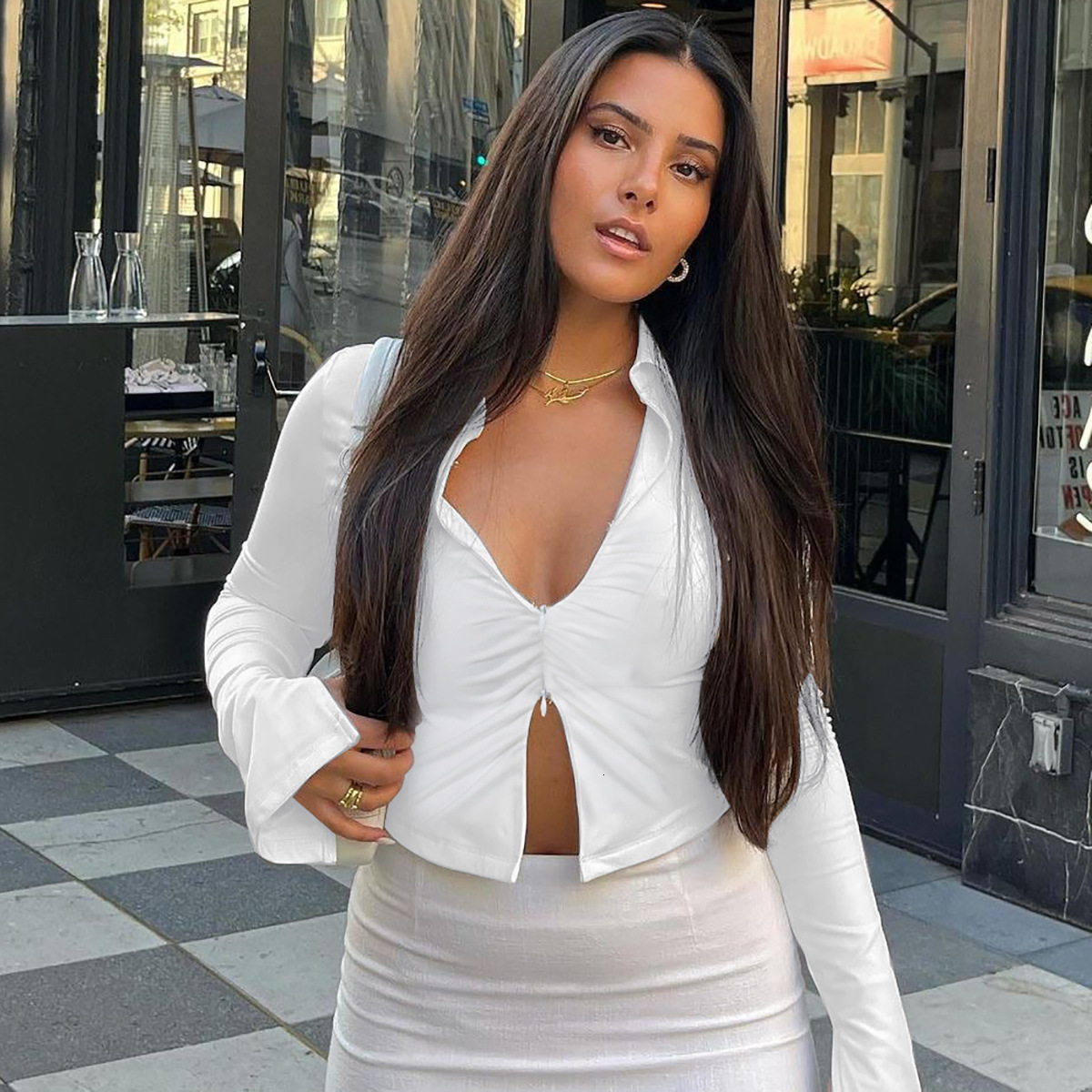 Hot Selling Women's Clothing New4 Autumn New Product Fashionable Crop Slim Fit Zipper Lapel Long Sleeved T-Shirt Top