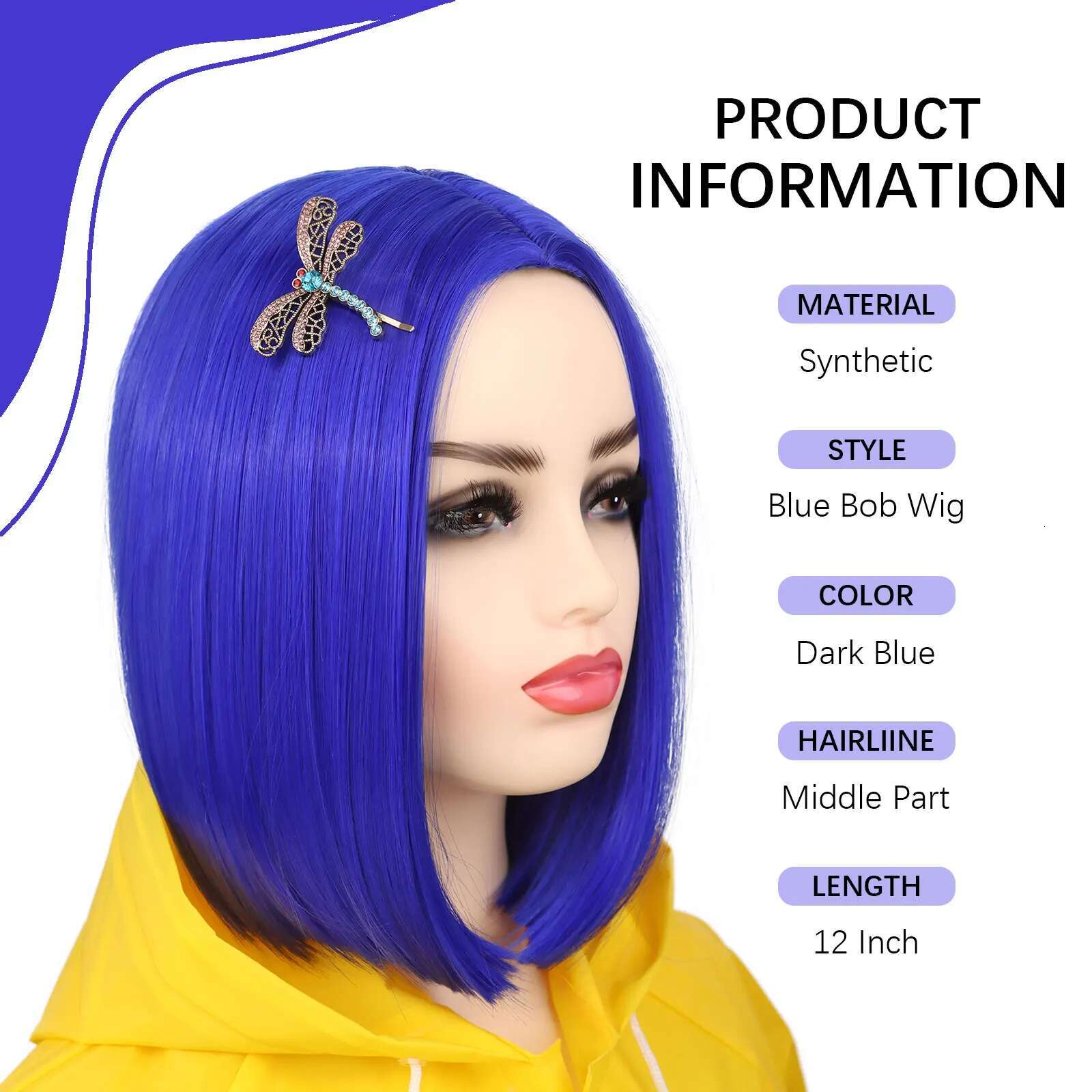Corae Blue Short Straight Bob Wig Heat Resistant Synthetic Wigs For Halloween Cosplay Party