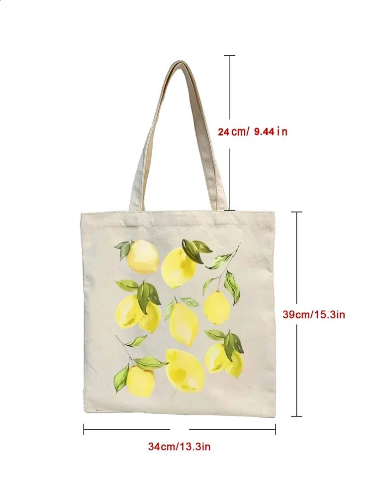 1pc Fruit Lemon Pattern Women Shopper Bags Tote Bag Canvas Plant Travel Shoulder Handbag Shopping 250221