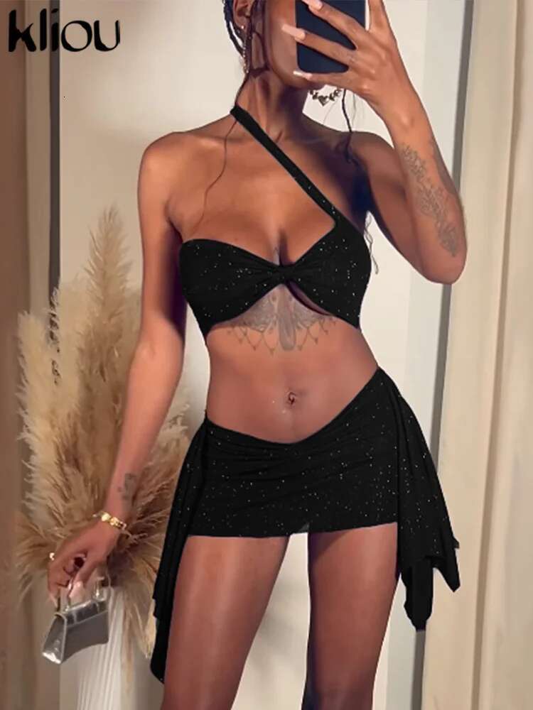 Kliou Sexy Women 2 Piece Set Slash Neck Wrap Chest Bra+Irregular Tassel Slim Ruched Mini Skirts Female Party Midnight Clubwear