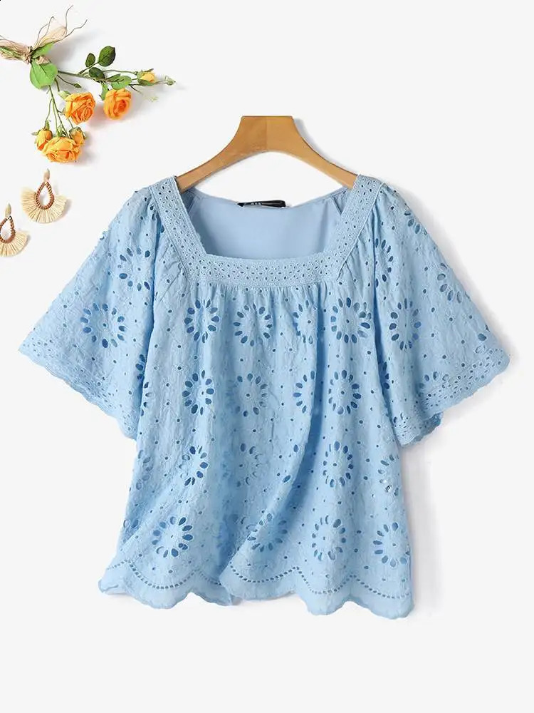 Fashion Lace Crochet Blouse Summer Women Tops ZANZEA Elegant Square Neck Short Sleeve Casual Work Shirt Bohemian Holiday Blouses 250228