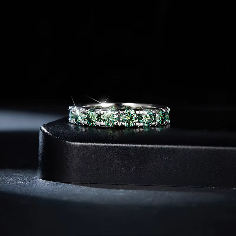 Full circle S sier gold-plated 4mm blue-green moissanite ring, fashionable style, men's and women's international trade