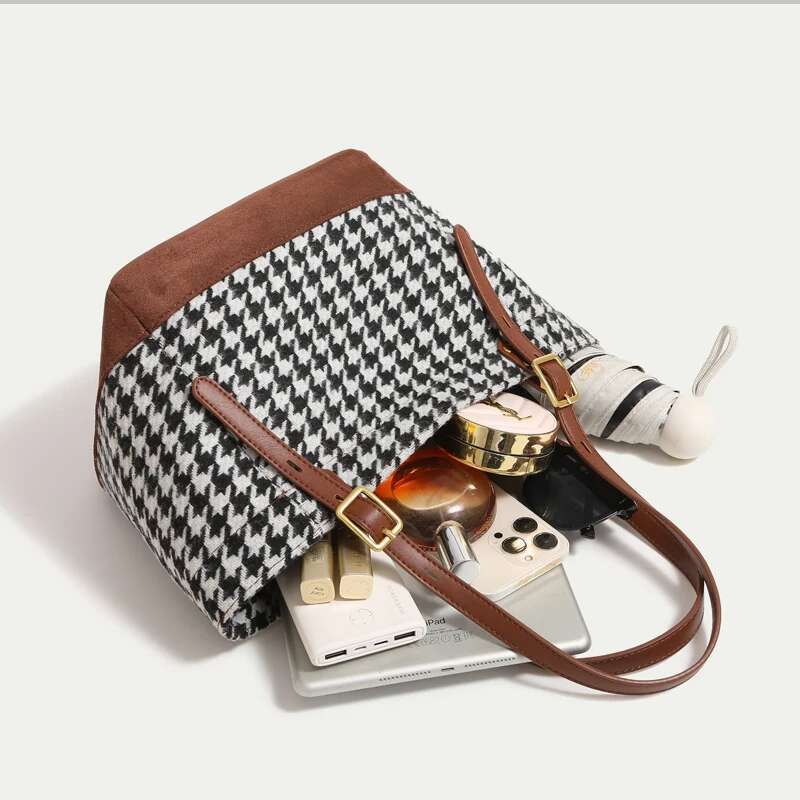 England Style Houndstooth Tote Bag For Women Designer Handbags Purses New In Woolen With Inner Pocket Cloth Shoulder