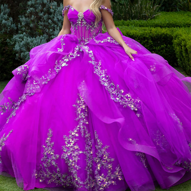 Purple Shiny Quinceanera Dresses Ball Gown Off The Shoulder Applique Lace Bow Beads Tull Party Birthday Sweet 16 Vestidos 15 De Anos