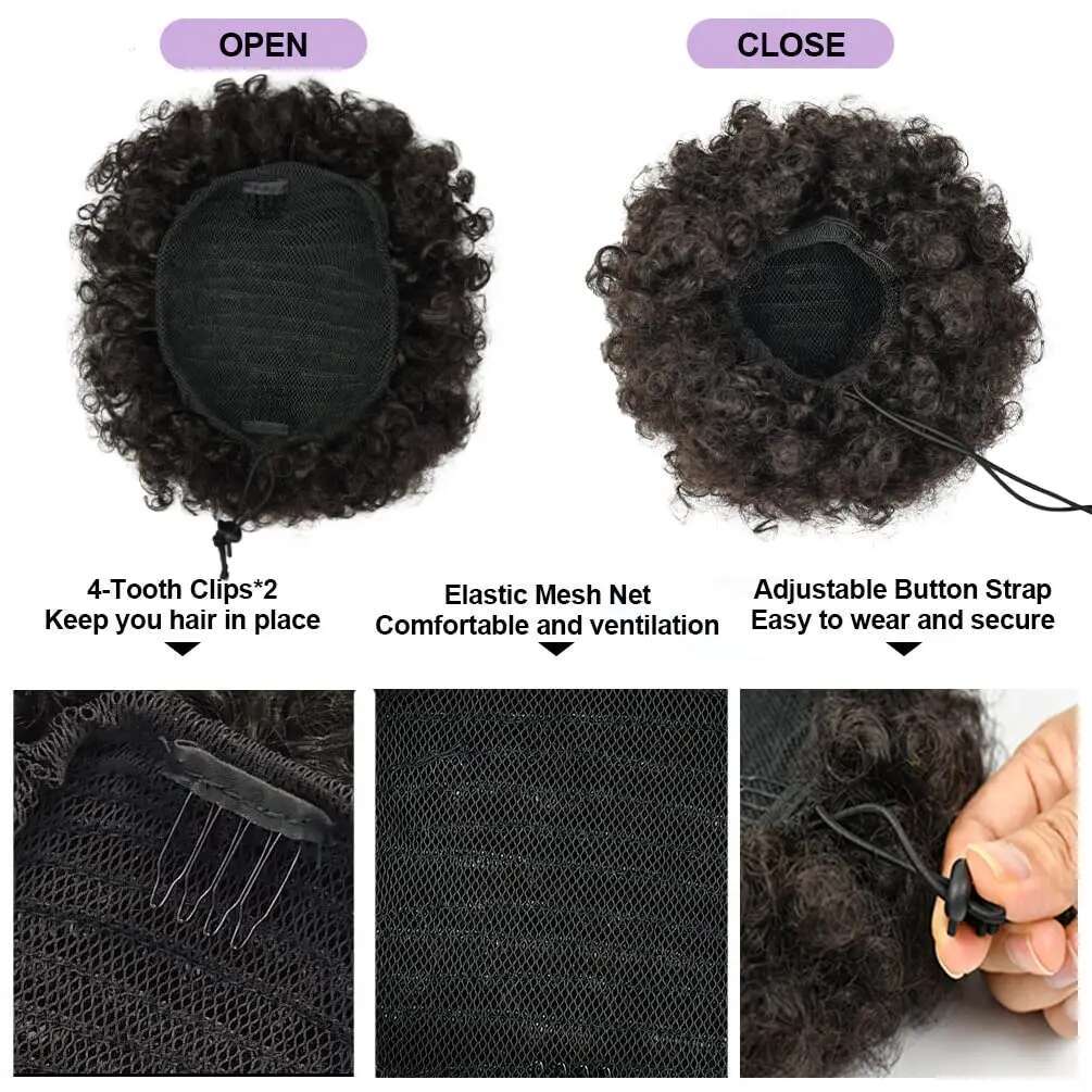 Synthetic Afro Puff Extension For Black Women Clip On Kinky Drawstring Curly Ponytail Bun