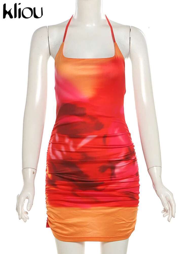 Kliou Shirring Mini Dresses Women Summer Holiday Halter Bandage Backless Gradient Printed Trend Vestidos Mujer Fashion Bodycon