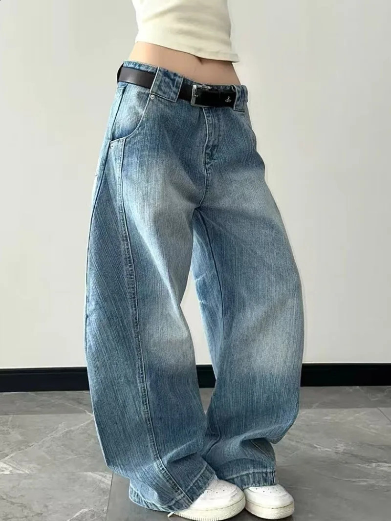 American Fashion Blue Wash Wide Leg Jeans Women Y2K Retro Street Hip-hop Loose Harajuku Simple Casual High Waist Straight Jeans 250225