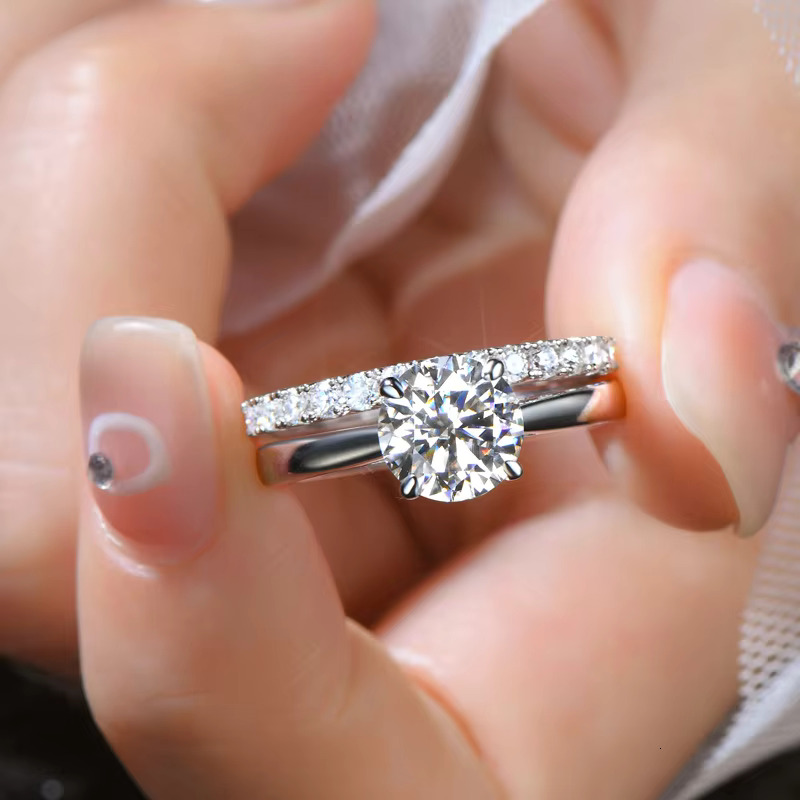 Engagement set, round with gold and stone, women's platinum gold-plated wedding sier ring