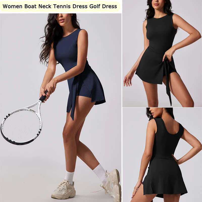 VITAOVO Tennis For Women With Built In Shorts Womens Athletic Dresses Sleeveless Boat Neck Active Workout Skort Dress