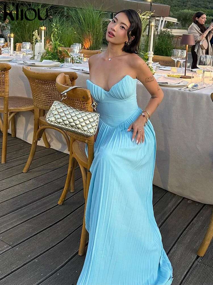 Kliou Pleated Women Maxi Dress Elegant High Street Solid Classic Wrap Chest Zip-Up Body-Shaping Robe Mujer Trend Party Vestidos