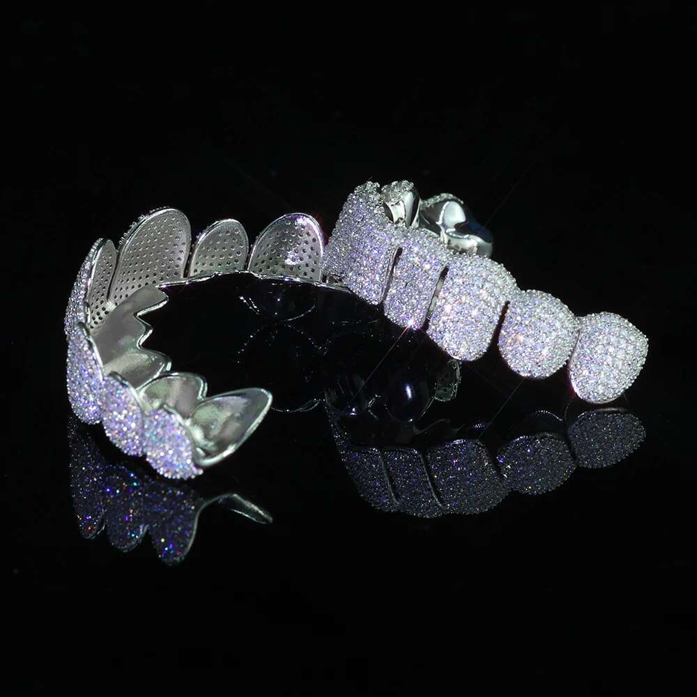 Hip Hop Iced Out Vvs Dia Teeth Top 8 Bottom Sterg Sliver Custom Moissanite Grillz Body Jewelry