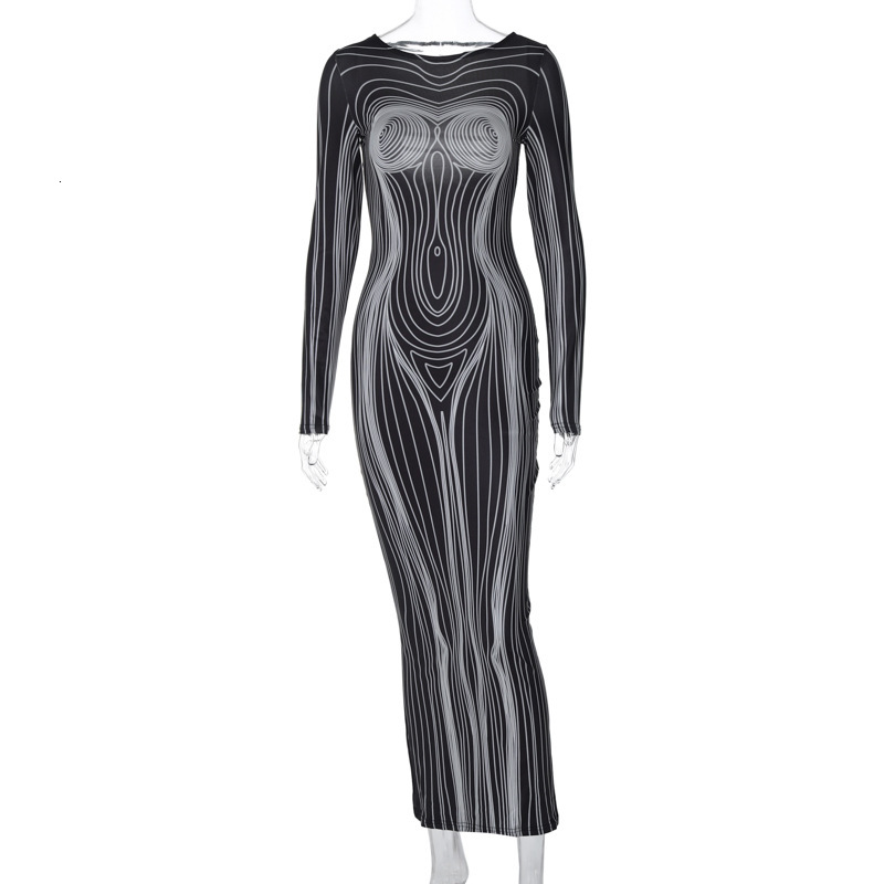 Women's New4 Summer New Fashion Print Backless Slim Fit Round Neck Long Sleeved Dress