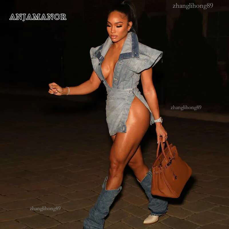 Dresses ANJAMANOR Streetwear Casual Fashion Denim Two Piece Set For Women Split Mini Skirt And Top Sexy Summer 2023 Outfits Dress Sets D85-Fi49 T2