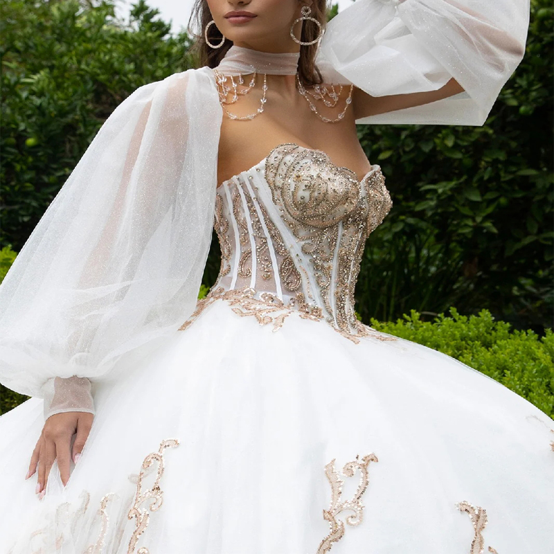 White Shiny Quinceanera Dresses Ball Gown Off Shoulder Applique Lace Beads Tull Corset Sweet 16 Dress Vestidos 15 De Anos