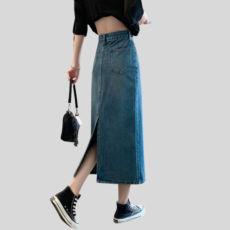 Spring women's clothing medium and long skirt high waist and thin A-shaped skirt spring clothing new denim split skirt