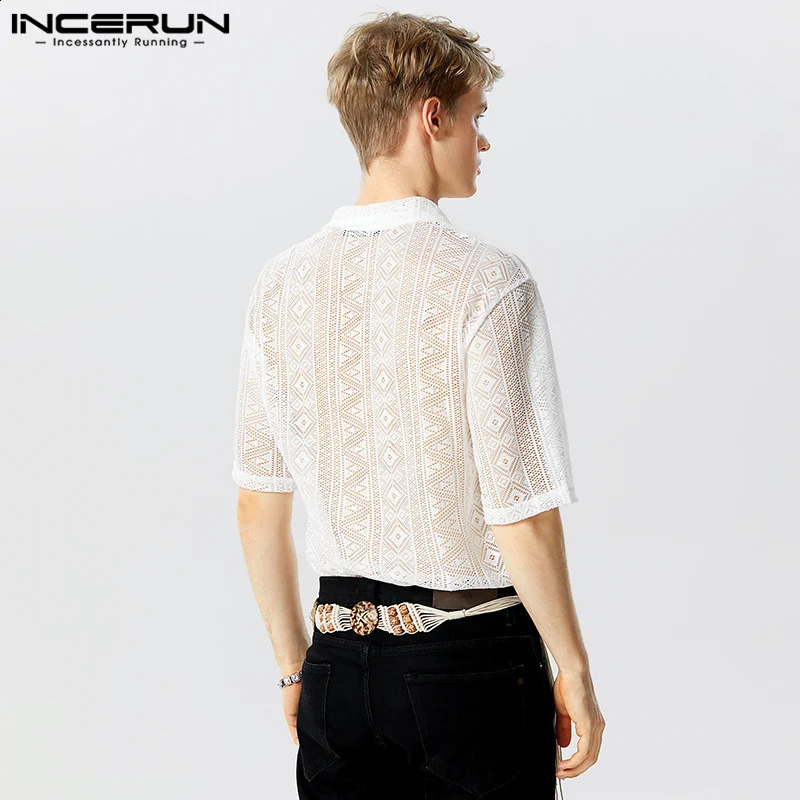 INCERUN Tops American Style Casual Mens Hollow Lace Printed Shirts Fashion Street Short Sleeved Lapel Blouse S-5XL 250224