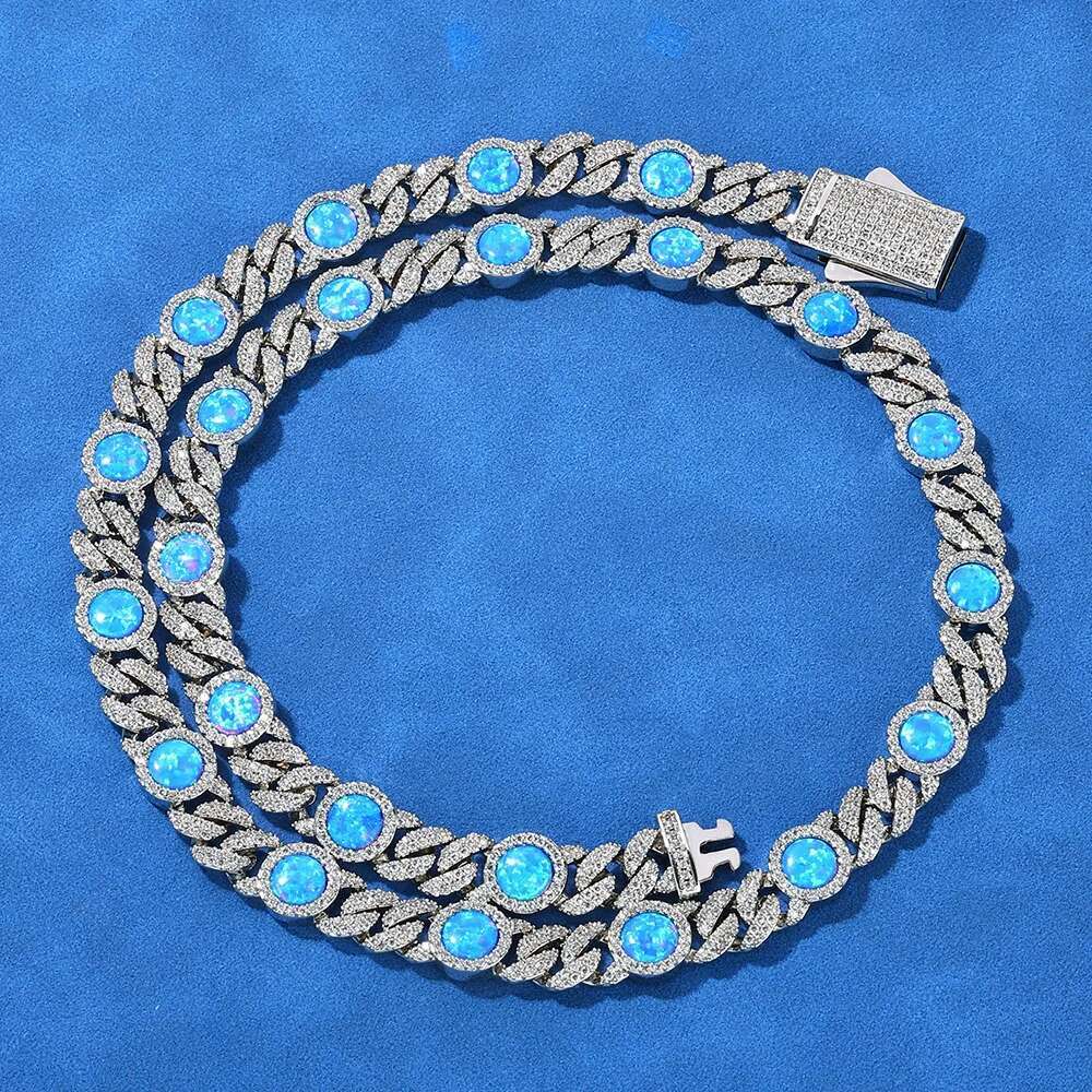 Hip Hop Jewelry 8mm Wide Fashionable Men's And Women's Blue Opal With Cubic Zirconia Sparkg Cuban Chain Necklace