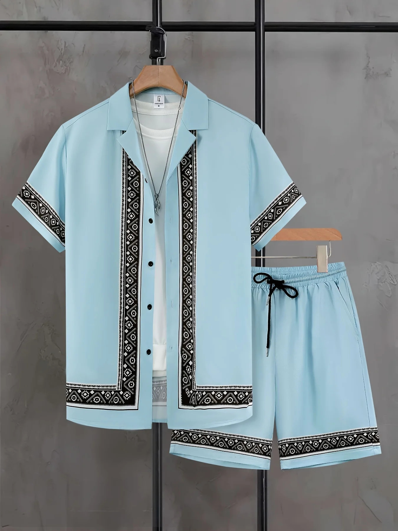 Ethnic Style Mens 2pcs Set Geometric Print Casual Outfits Short Sleeve Button Lapel Shirt Drawstring Shorts Summer Fashion Suit 250224Z