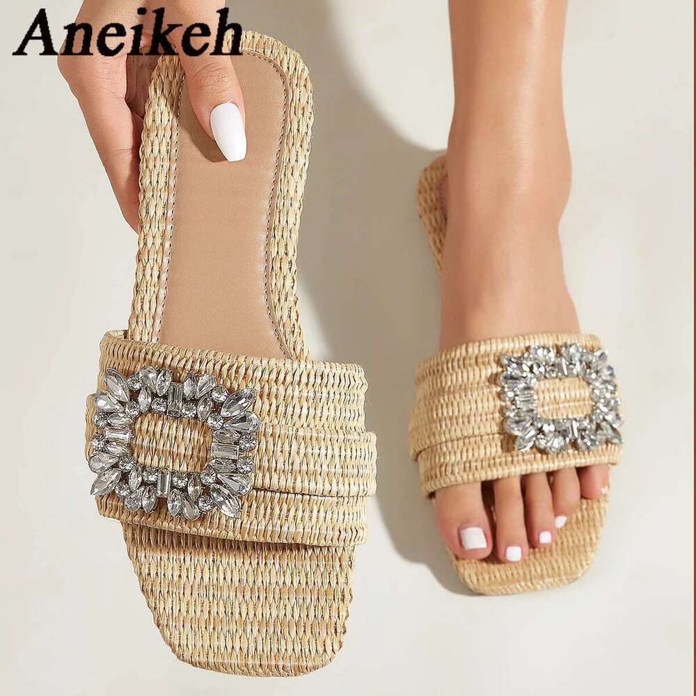 Summer Casual Aneikeh Fashion Square Headed Cane Knitted Heels for Women Slippers Flat Bottom Crystal Sandals Beach Slides