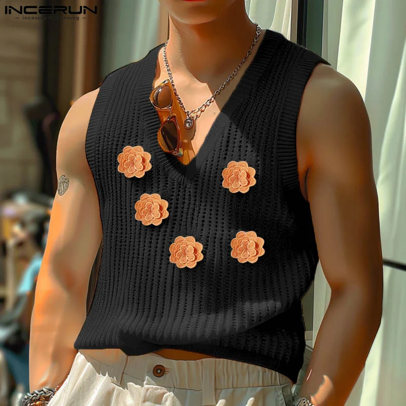INCERUN Summer Tank Tops Men Sleeveless Mesh Tops Tee Fashion Hollow Out Shirt V Neck Floral Top Oversized Men Clothing S-3XL 250225