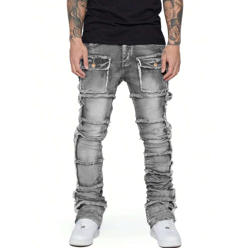Men's Regular Stacked Jeans Ripped Slim Fit Patch Distressed Destroyed Straight Denim Pants Hip Hop