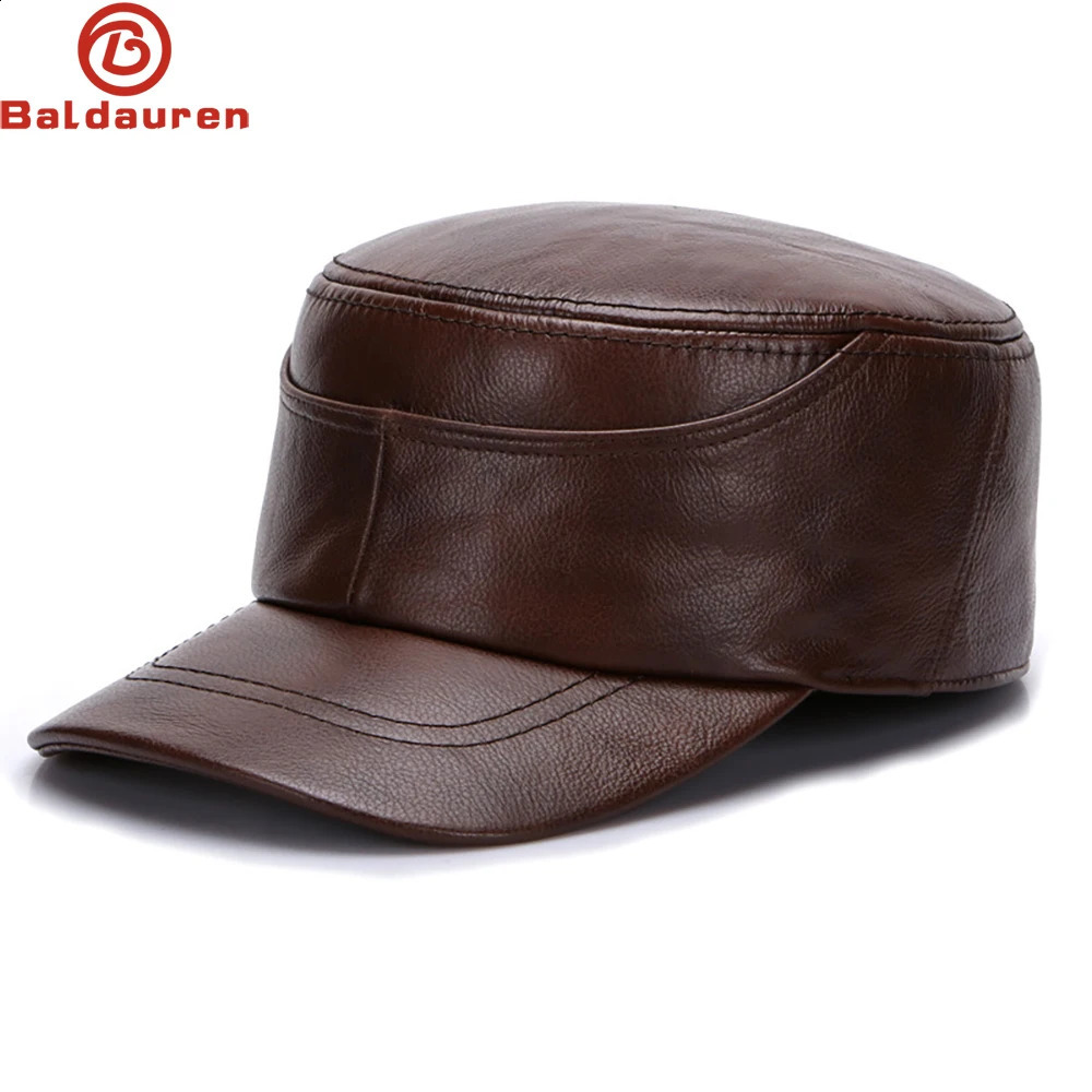 Cow Leather Flat Cap Earflap Cap Men Leather Hats Fall Winter men 100% Genuine Cowhide Leather Military Caps 250228
