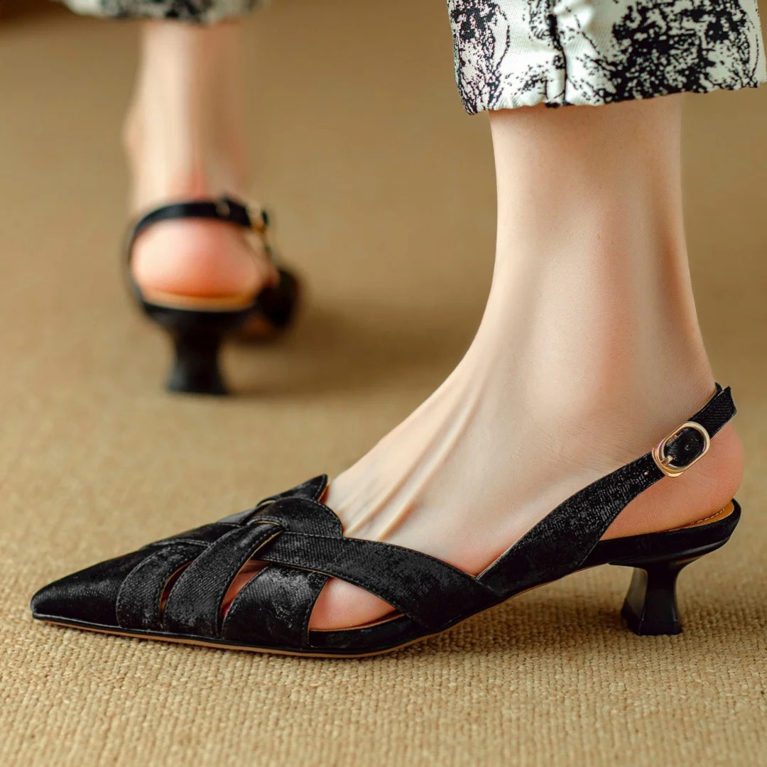 Womens genuine leather narrow band cross strap pointed toe slingback kitten heel sandals summer heeled shoes for woman 250228