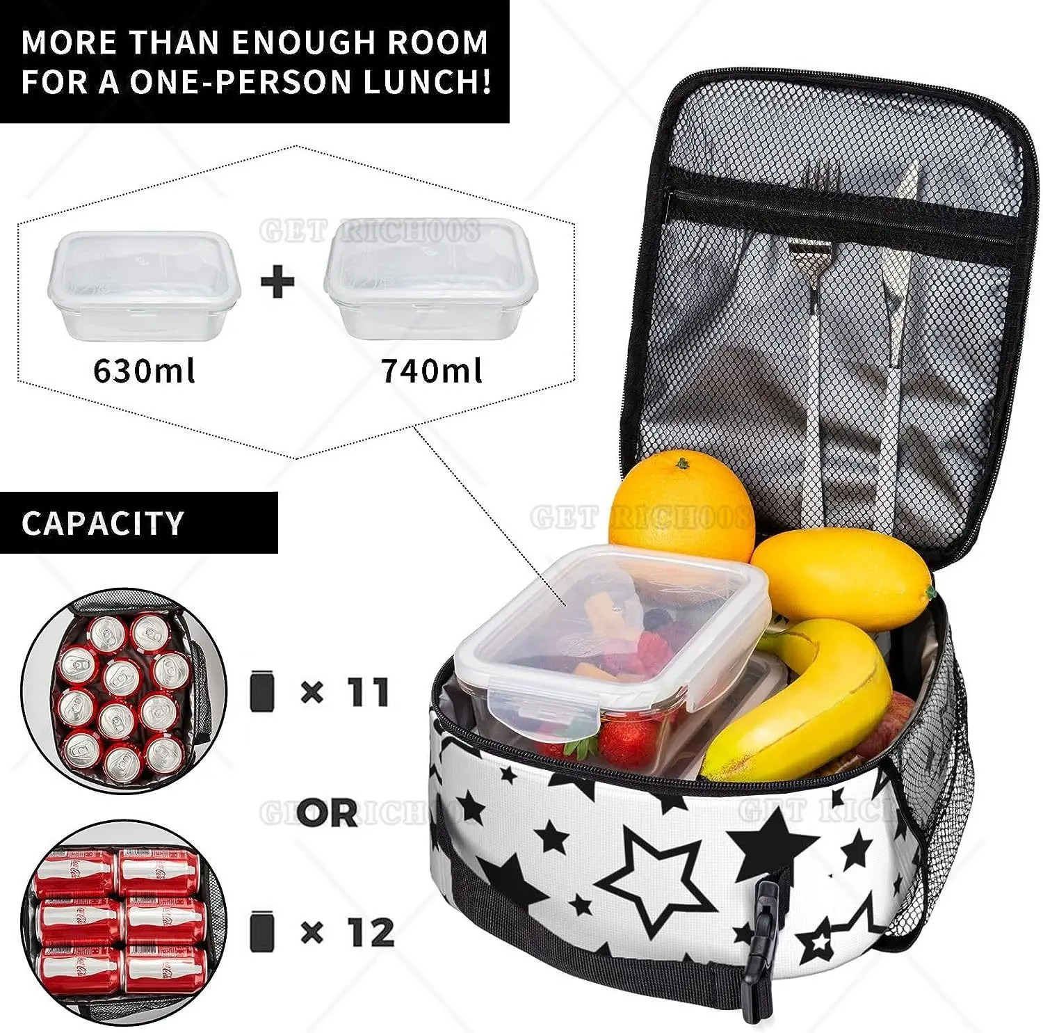 Black Stars In White Portable Lunch Bag Insulated Lunch Box Reusable Totes for Women Men Work Picnic Camping One Size 250228