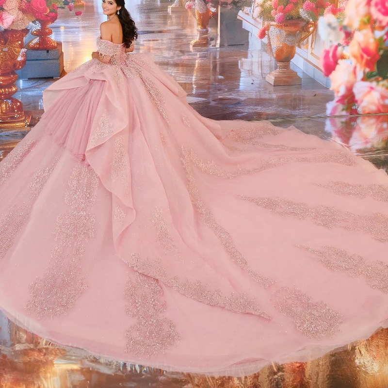 Pink Shiny Quinceanera Dresses Ball Gown Off Shoulder Applique Lace Beading Tull Sweet 16 Dress Vestidos 15 De Anos