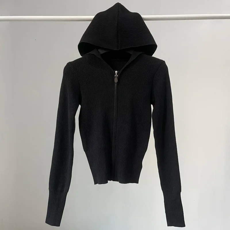 Hooded Slim Solid Cropped Zipper Cardigan Women Crochet Knitwear Knitted Top Jacket Korean Gray Black Beige Brown