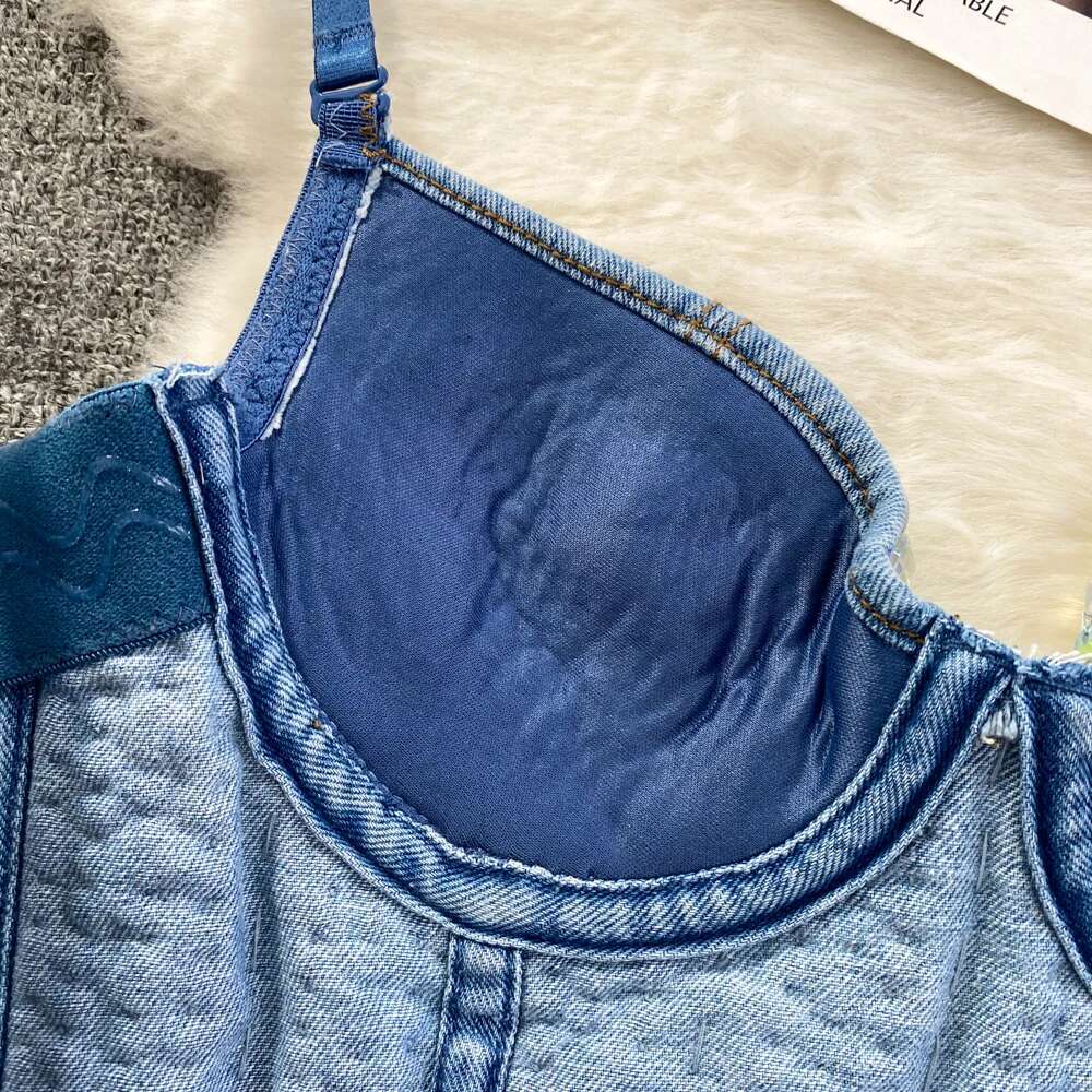 Women Summer Denim Camisole Corset Top Build In Bra Crystal Dias Pearl Jeans Tops High Street Club Party Nightwears