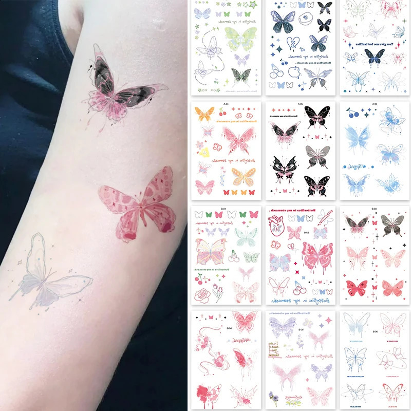 Pink Butterfly Flower Temporary Tattoo Sticker Waterproof Self Adhesive Lasting Body Arts Makeup Tattoos 250219